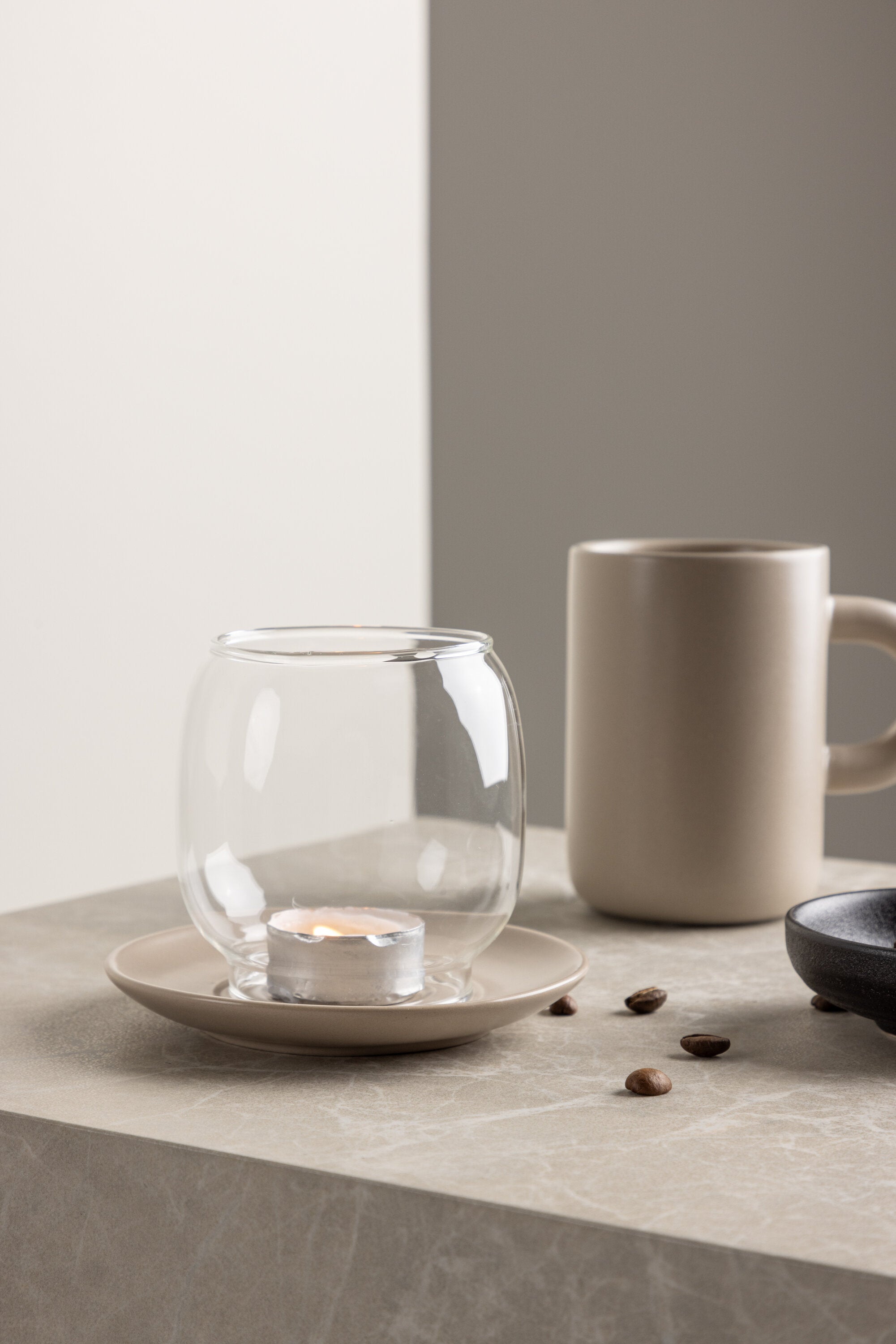 Archy Kerzenhalter Glas 12cm Beige / Schwarz Kerzenständer Kerzenschale Kerzenlaterne