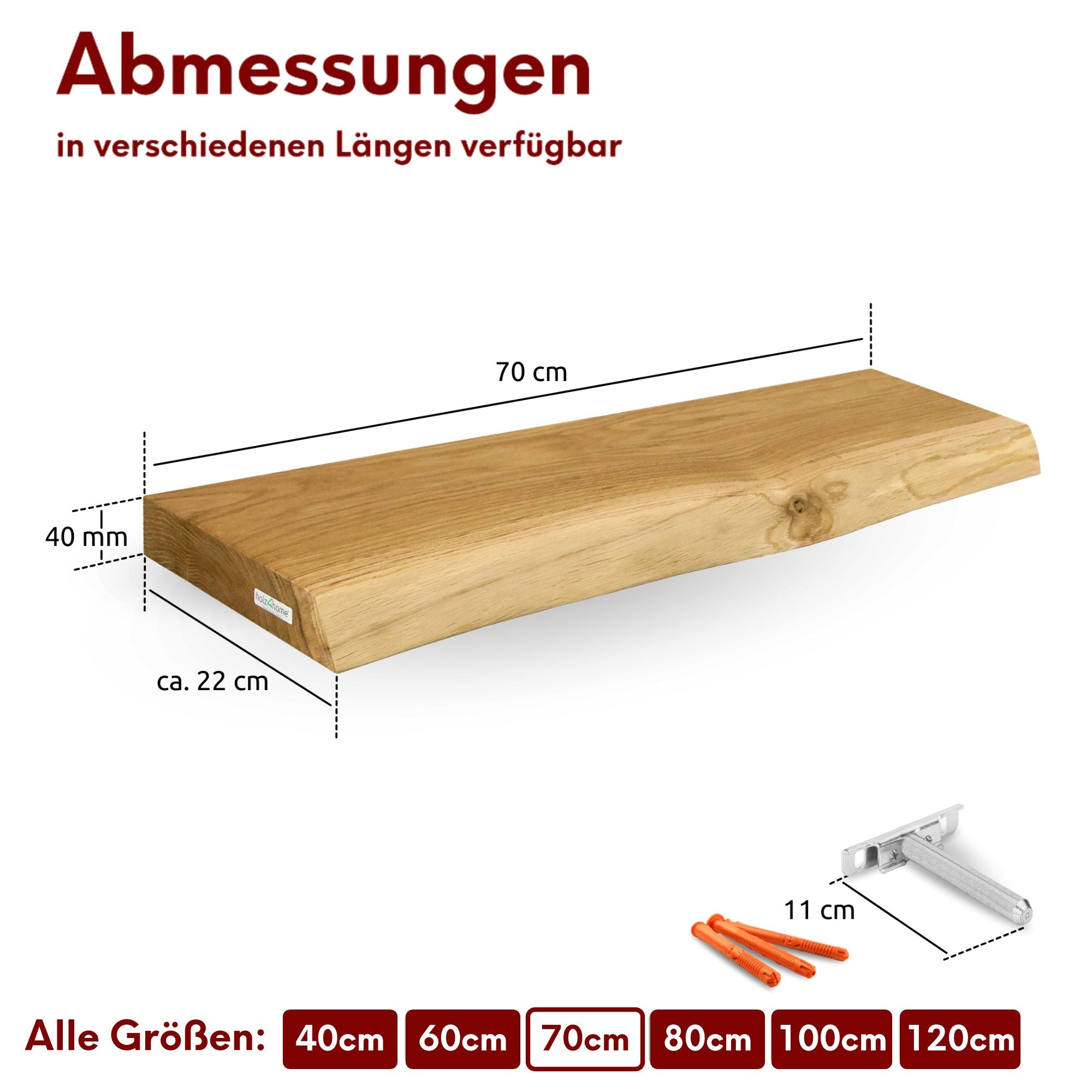 H4H-328-BK-70cm-Abmessungen Schwebendes Wandregal aus massiver Eiche – Natur geöltes Massivholz Regal für stilvolle Wanddekoration Eiche ohne Baumkante 100 cm