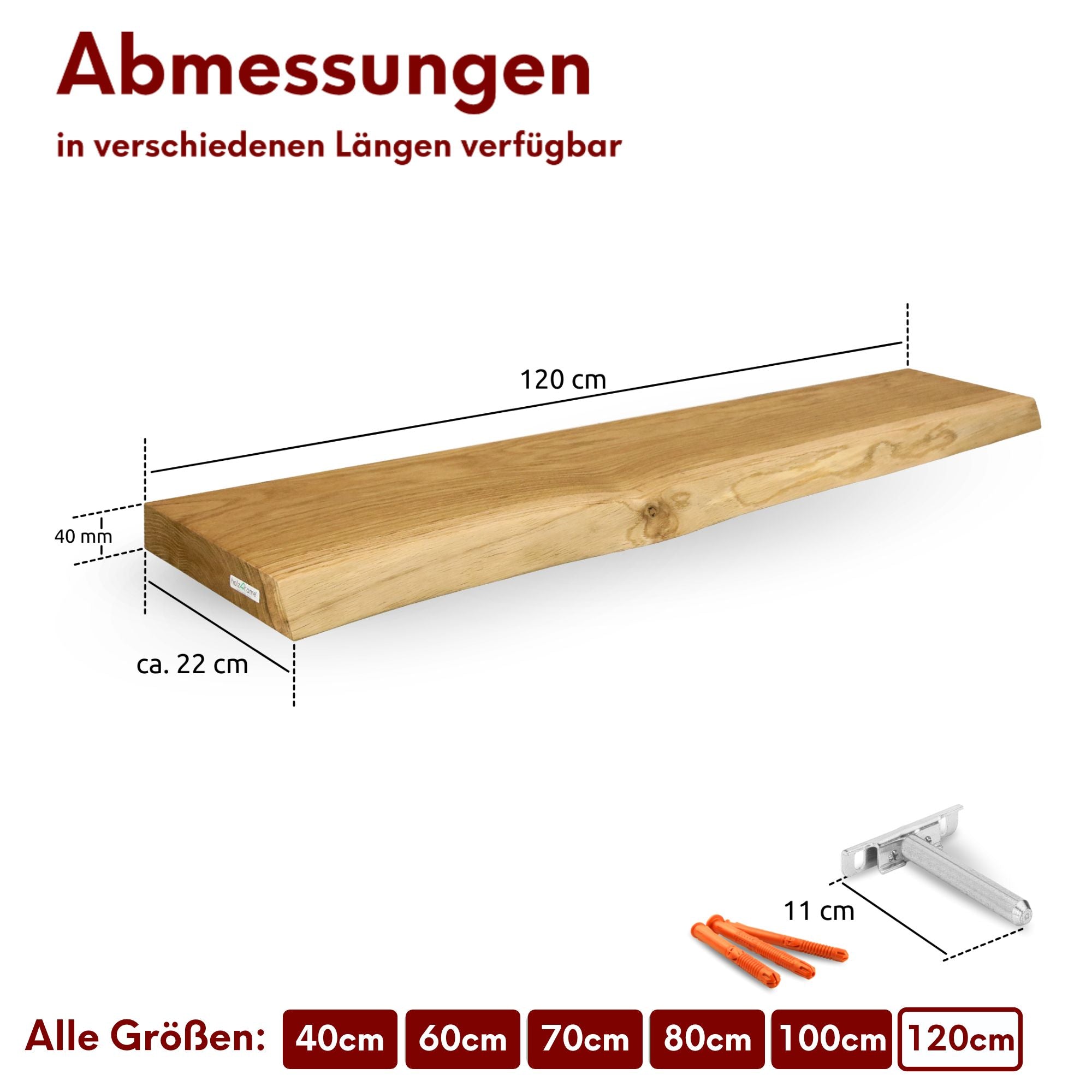 H4H327-BK-120-Abmessungen Schwebendes Wandregal aus massiver Eiche – Natur geöltes Massivholz Regal für stilvolle Wanddekoration Eiche ohne Baumkante 100 cm