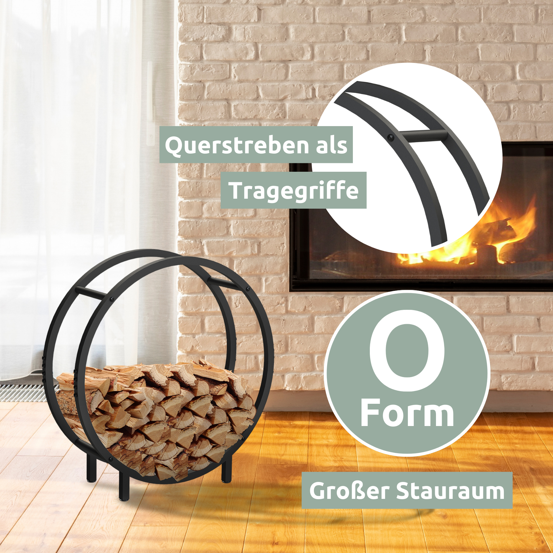 Kaminholzregal 62x60x20cm aus Metall Schwarz inkl. Ofenhandschuh