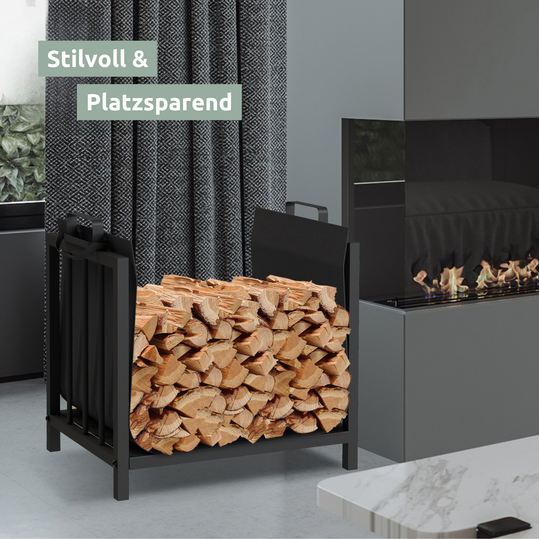 Kaminholzregal mit Holztragetasche Schwarz inkl. Ofenhandschuh