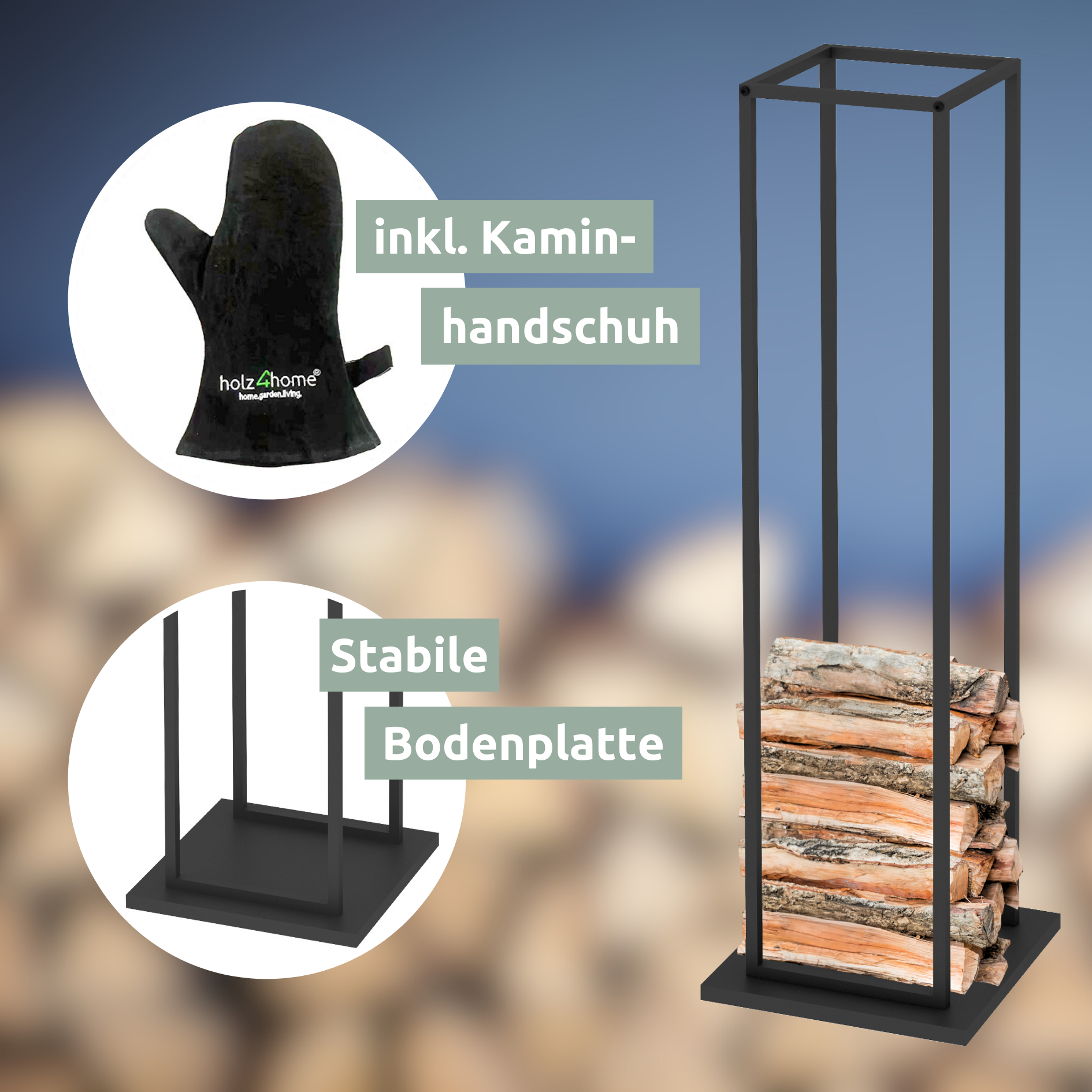 Kaminholzregal 33x33x115cm aus Metall Schwarz inkl. Ofenhandschuh