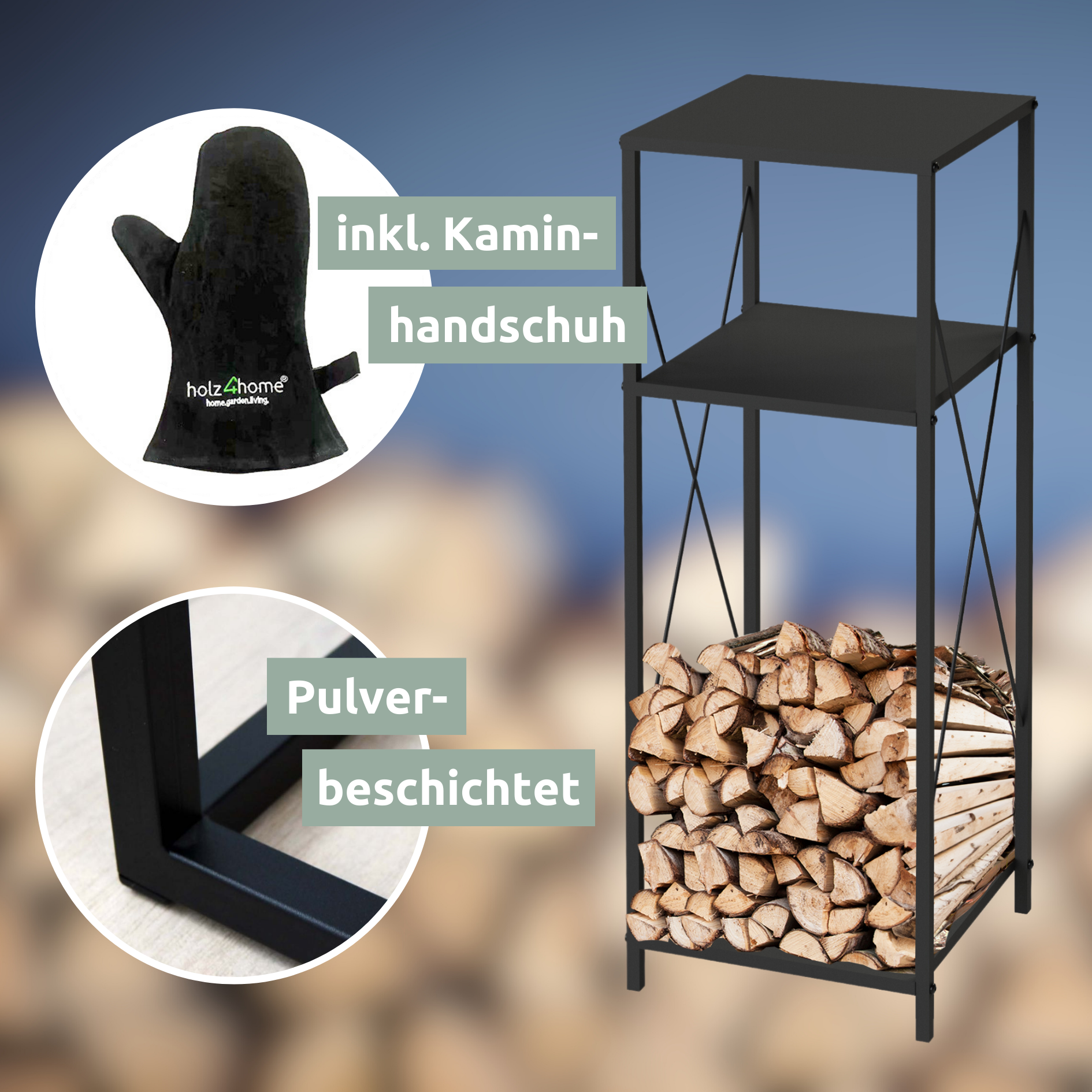 Kaminholzregal mit Ablage aus Metall Schwarz inkl. Ofenhandschuh