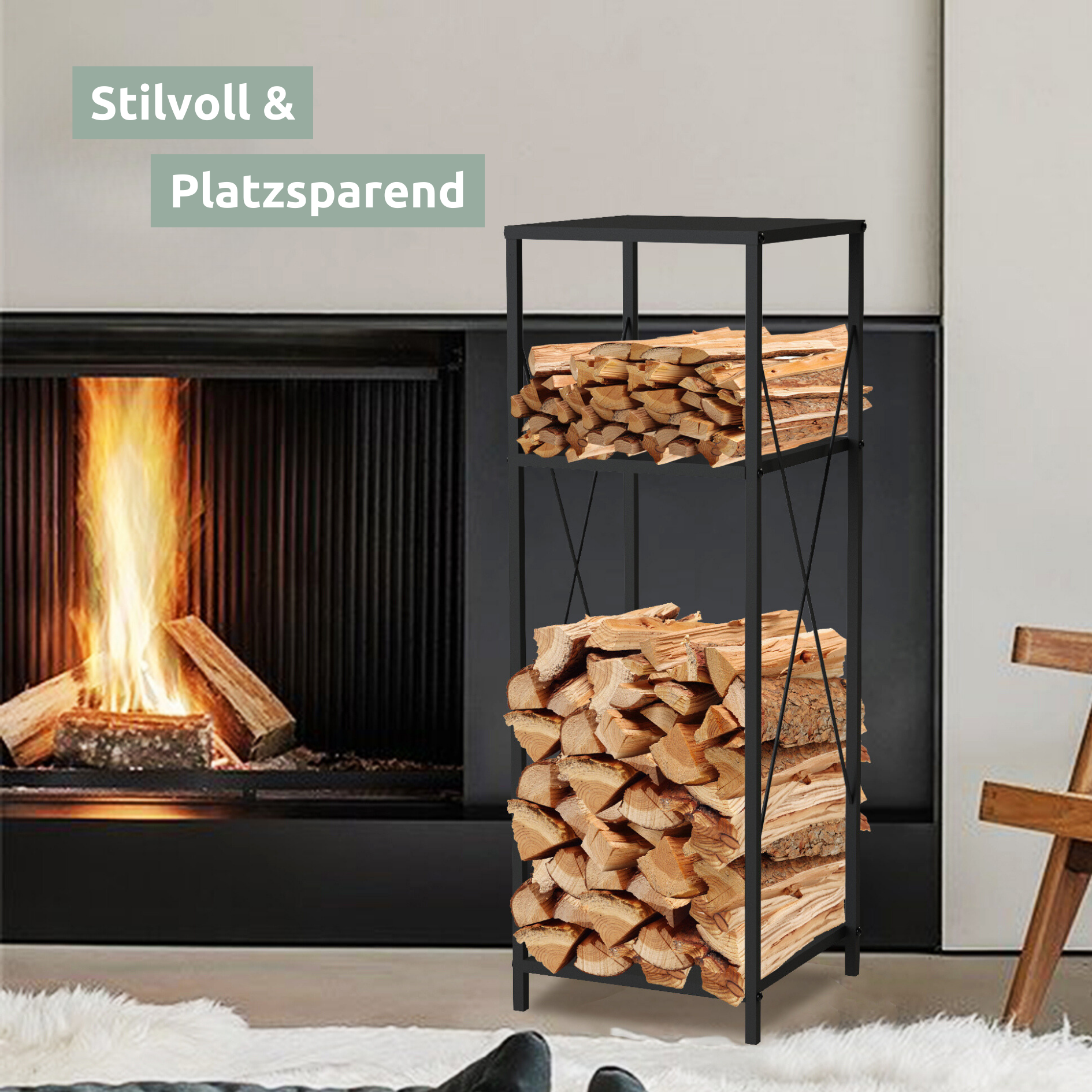 Kaminholzregal mit Ablage aus Metall Schwarz inkl. Ofenhandschuh