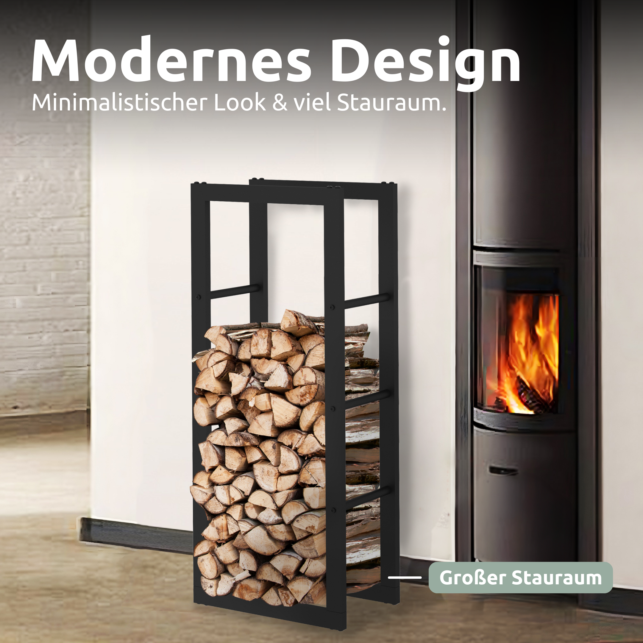 Kaminholzregal aus Metall Schwarz inkl. Ofenhandschuh60x25x100cm