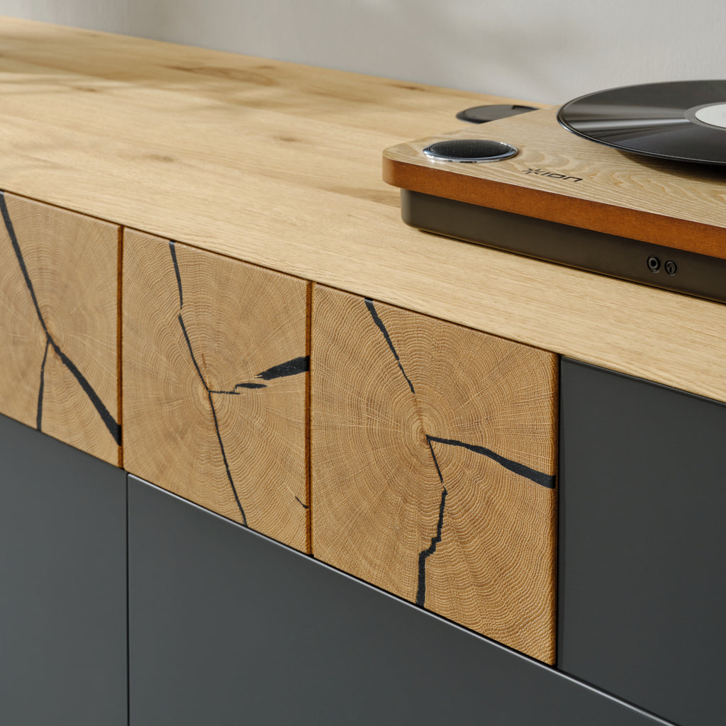 kalb TV Wohnwand Set mit Lowboard und beleuchtetem Wandregal in Eiche Graphit, Made in Germany