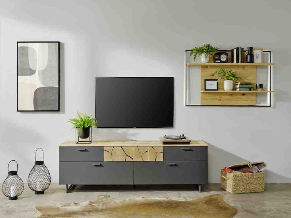 kalb TV Wohnwand Set mit Lowboard und beleuchtetem Wandregal in Eiche Graphit, Made in Germany
