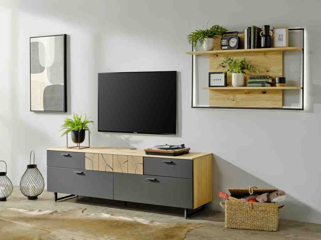kalb TV Wohnwand Set mit Lowboard und beleuchtetem Wandregal in Eiche Graphit, Made in Germany