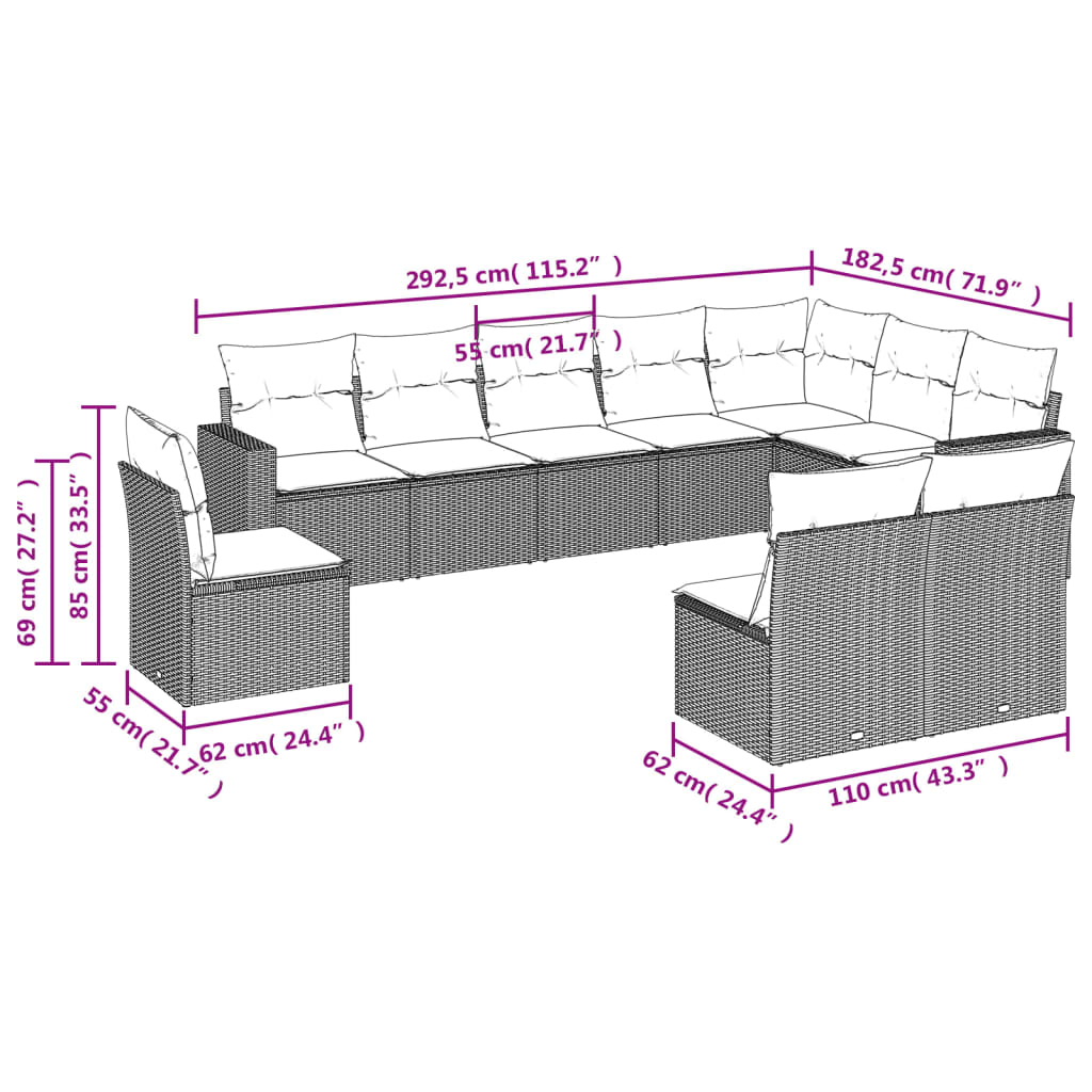 10 - tlg. Garten - Sofagarnitur mit Kissen Braun Poly Rattan - Gartensofaelemente - 8721102304255 - kalb - Living.de