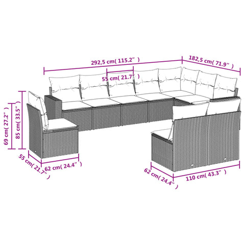 10 - tlg. Garten - Sofagarnitur mit Kissen Braun Poly Rattan - Gartensofaelemente - 8721102304255 - kalb - Living.de