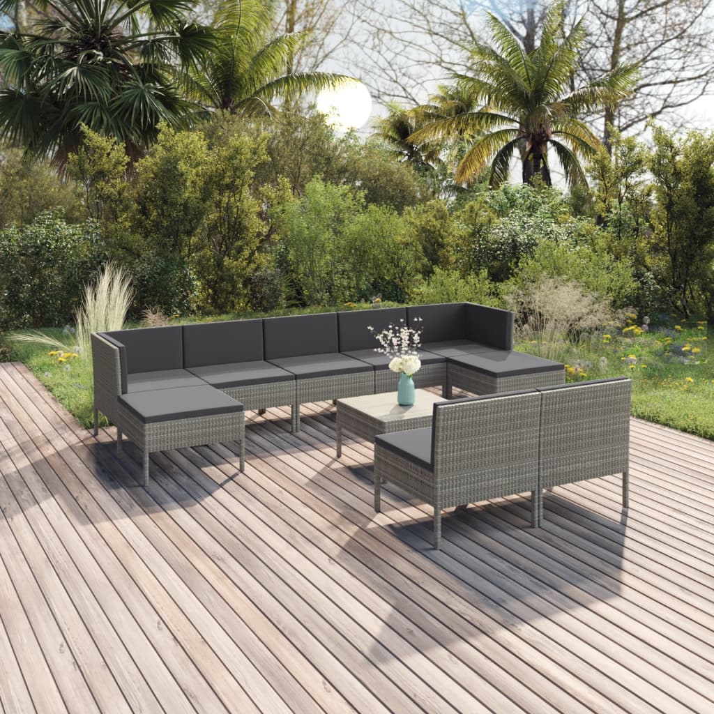 10-tlg. Garten-Lounge-Set mit Auflagen Poly Rattan Grau - kalb-Living.de
