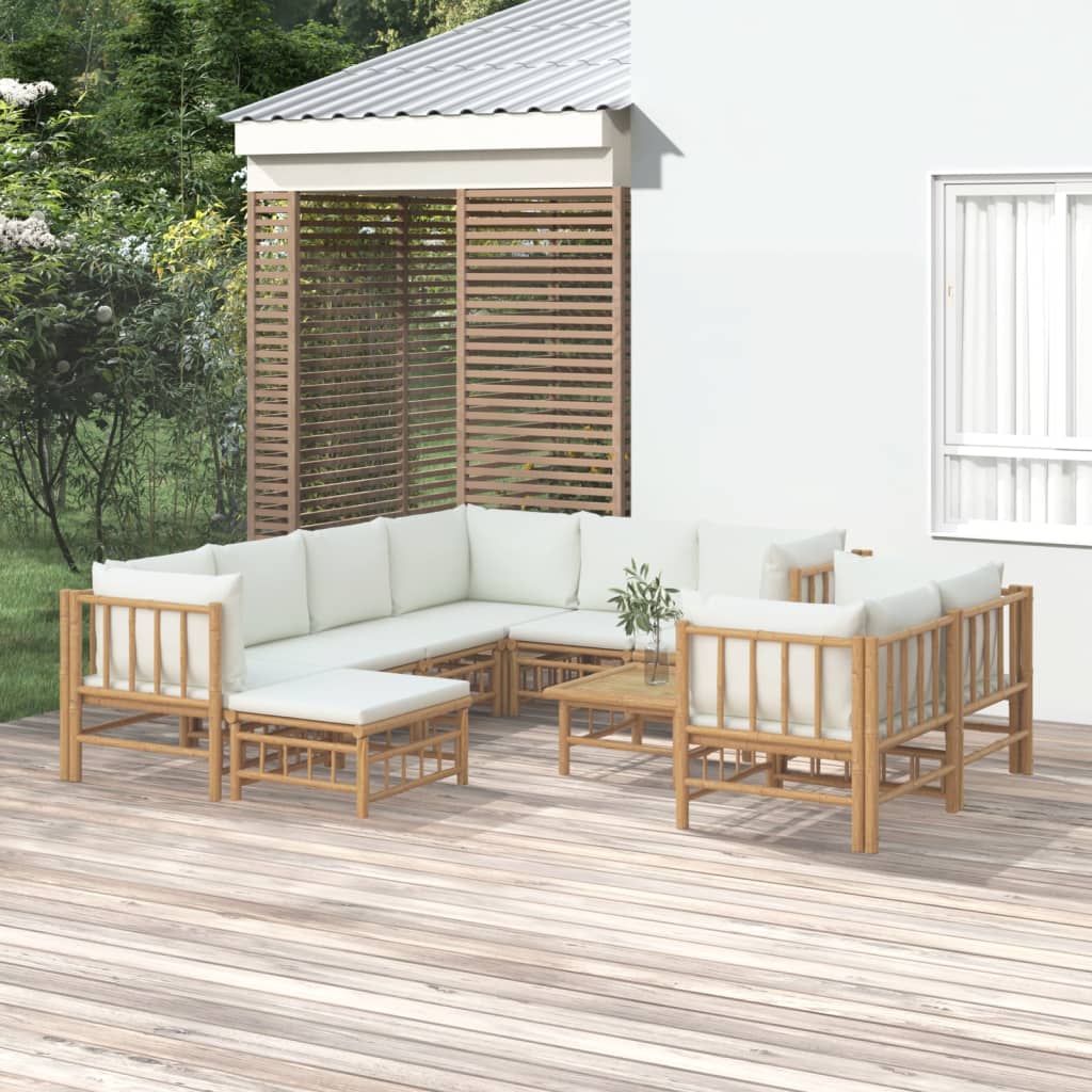 10-tlg. Garten-Lounge-Set mit Cremeweißen Kissen Bambus - kalb-Living.de