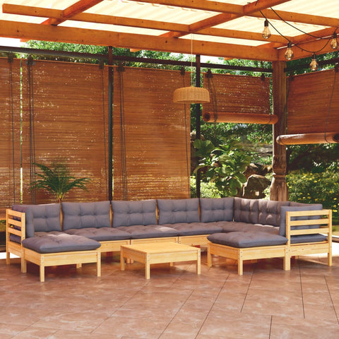 10-tlg. Garten-Lounge-Set mit Grauen Kissen Kiefer Massivholz - kalb-Living.de
