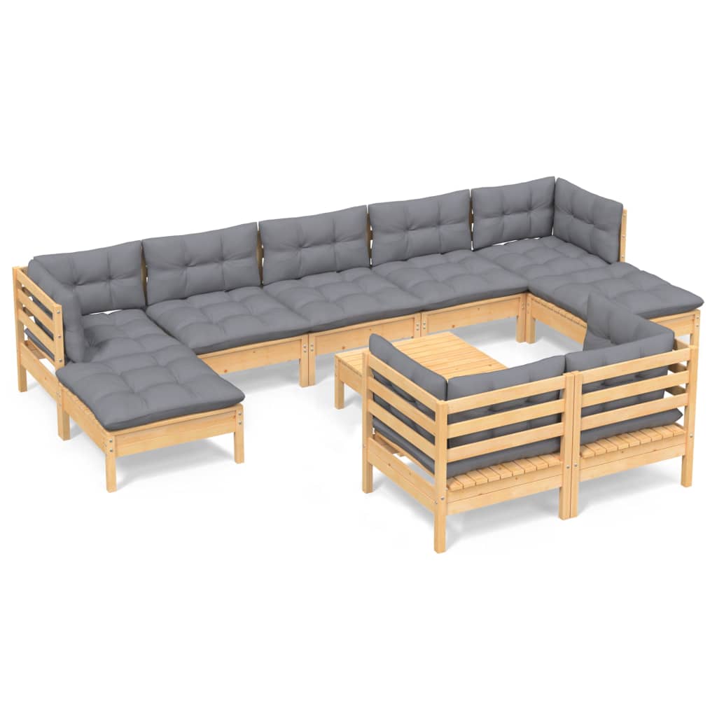 10-tlg. Garten-Lounge-Set mit Grauen Kissen Kiefer Massivholz - kalb-Living.de