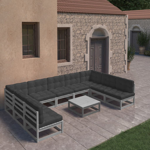10-tlg. Garten-Lounge-Set mit Kissen Grau Massivholz Kiefer - kalb-Living.de