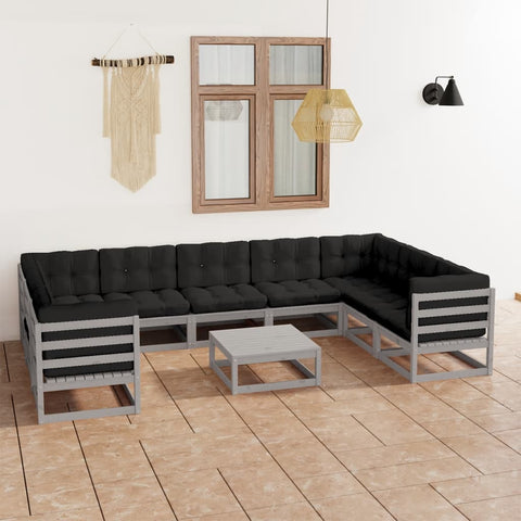10-tlg. Garten-Lounge-Set mit Kissen Grau Massivholz Kiefer - kalb-Living.de