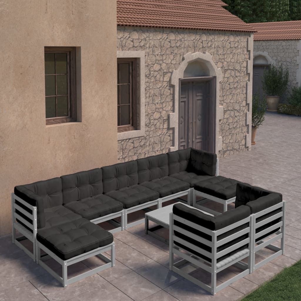 10-tlg. Garten-Lounge-Set mit Kissen Grau Massivholz Kiefer - kalb-Living.de