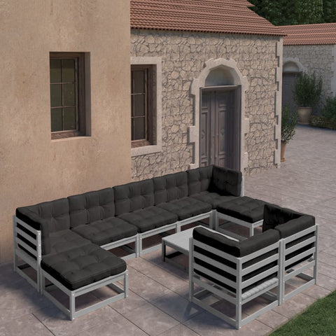 10-tlg. Garten-Lounge-Set mit Kissen Grau Massivholz Kiefer - kalb-Living.de