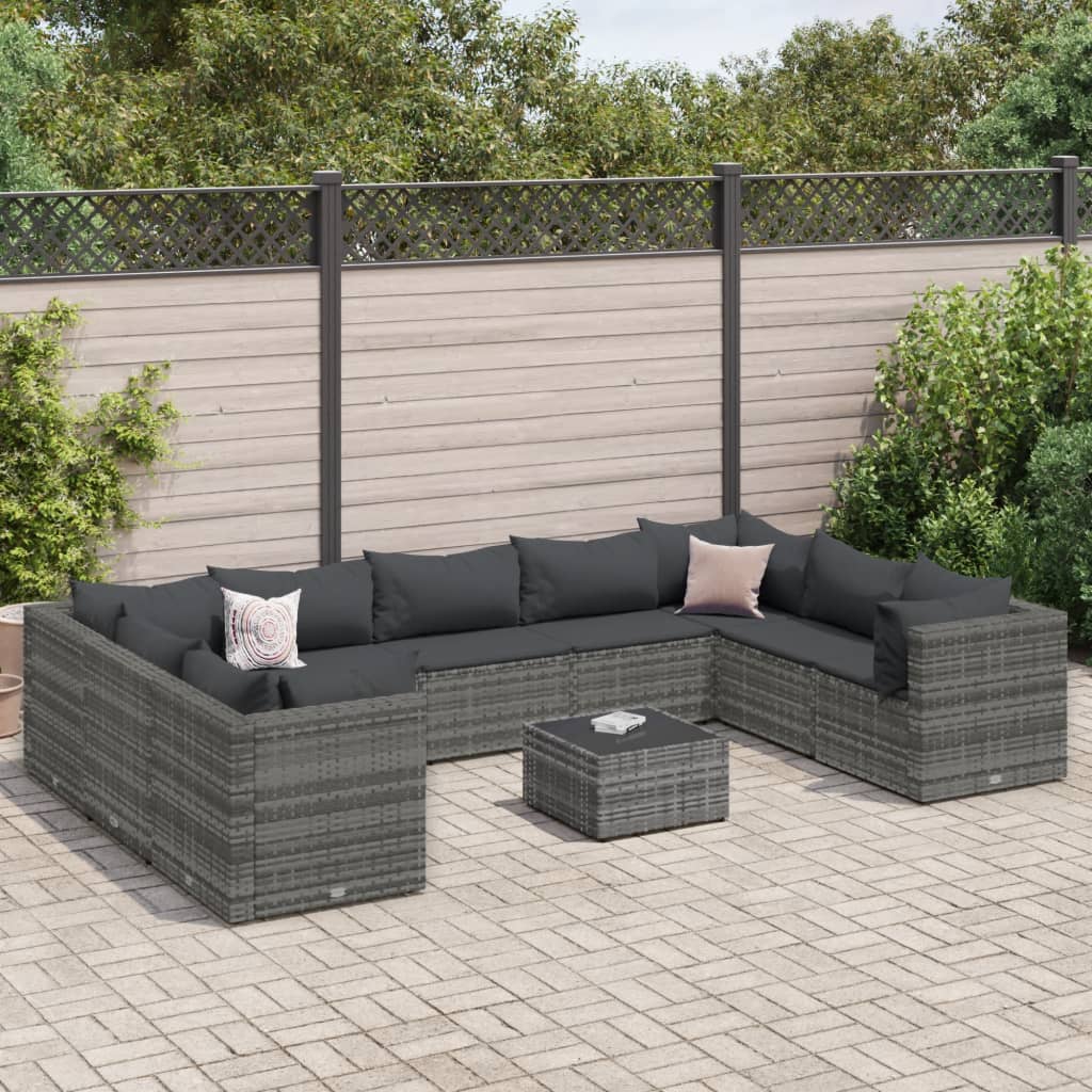 10-tlg. Garten-Lounge-Set mit Kissen Grau Poly Rattan - kalb-Living.de