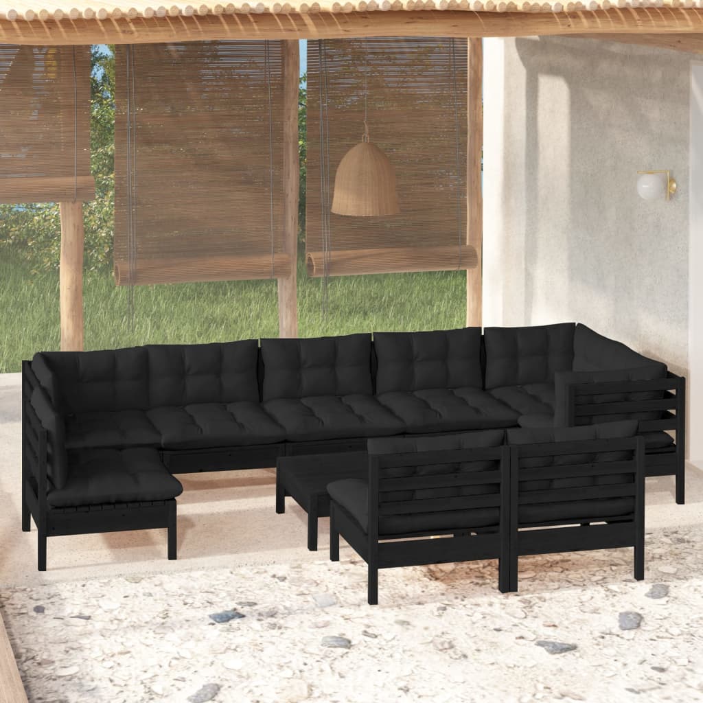 10-tlg. Garten-Lounge-Set mit Kissen Schwarz Massivholz Kiefer - kalb-Living.de