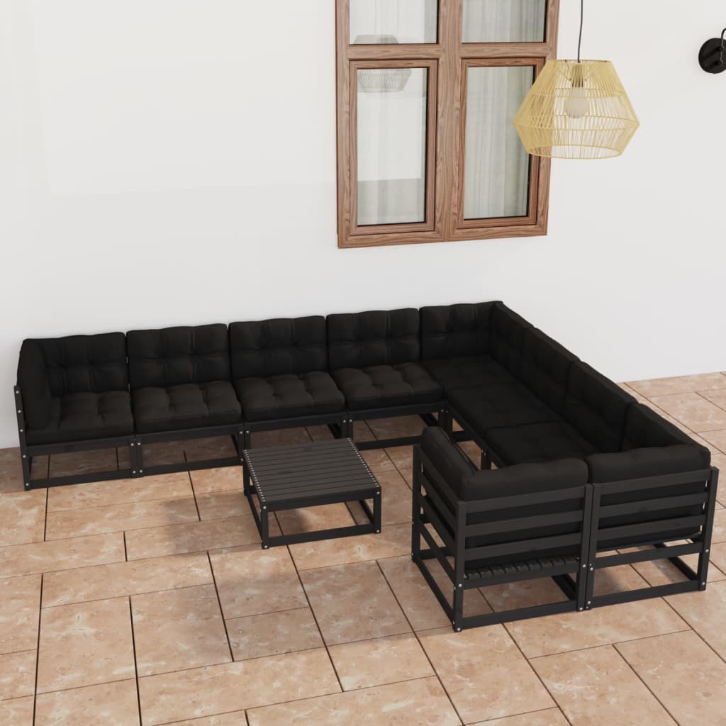 10-tlg. Garten-Lounge-Set mit Kissen Schwarz Massivholz Kiefer - kalb-Living.de