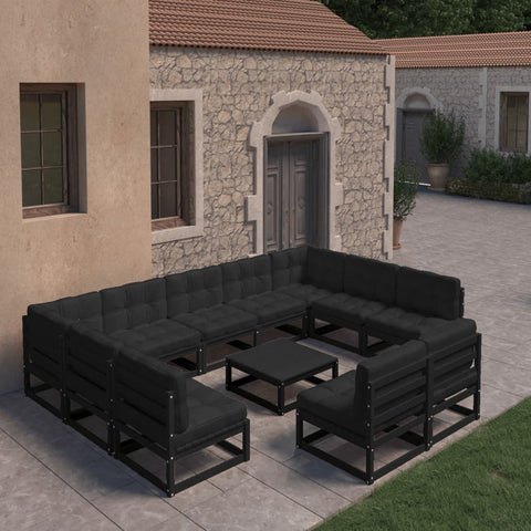 10-tlg. Garten-Lounge-Set mit Kissen Schwarz Massivholz Kiefer - kalb-Living.de