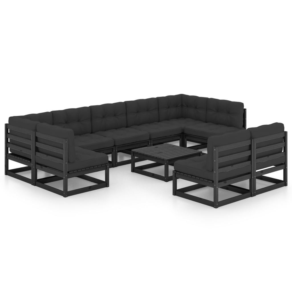 10-tlg. Garten-Lounge-Set mit Kissen Schwarz Massivholz Kiefer - kalb-Living.de