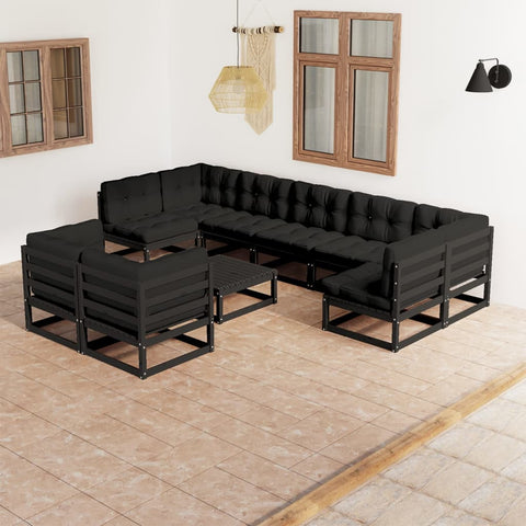 10-tlg. Garten-Lounge-Set mit Kissen Schwarz Massivholz Kiefer - kalb-Living.de