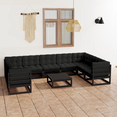 10-tlg. Garten-Lounge-Set mit Kissen Schwarz Massivholz Kiefer - kalb-Living.de