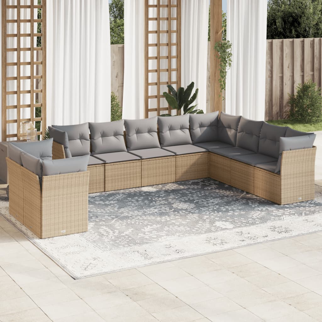 10-tlg. Garten-Sofagarnitur mit Kissen Beige Poly Rattan - kalb-Living.de
