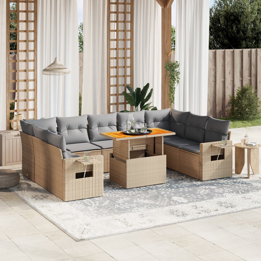 10-tlg. Garten-Sofagarnitur mit Kissen Beige Poly Rattan - kalb-Living.de