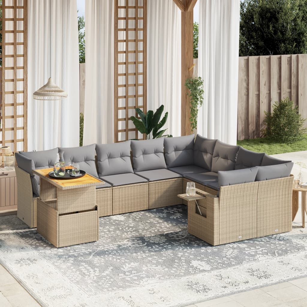 10-tlg. Garten-Sofagarnitur mit Kissen Beige Poly Rattan - kalb-Living.de