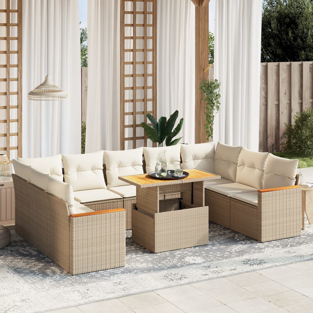 10-tlg. Garten-Sofagarnitur mit Kissen Beige Poly Rattan - kalb-Living.de