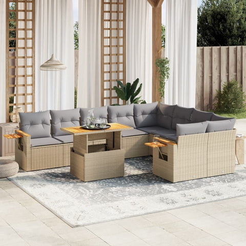 10-tlg. Garten-Sofagarnitur mit Kissen Beige Poly Rattan - kalb-Living.de