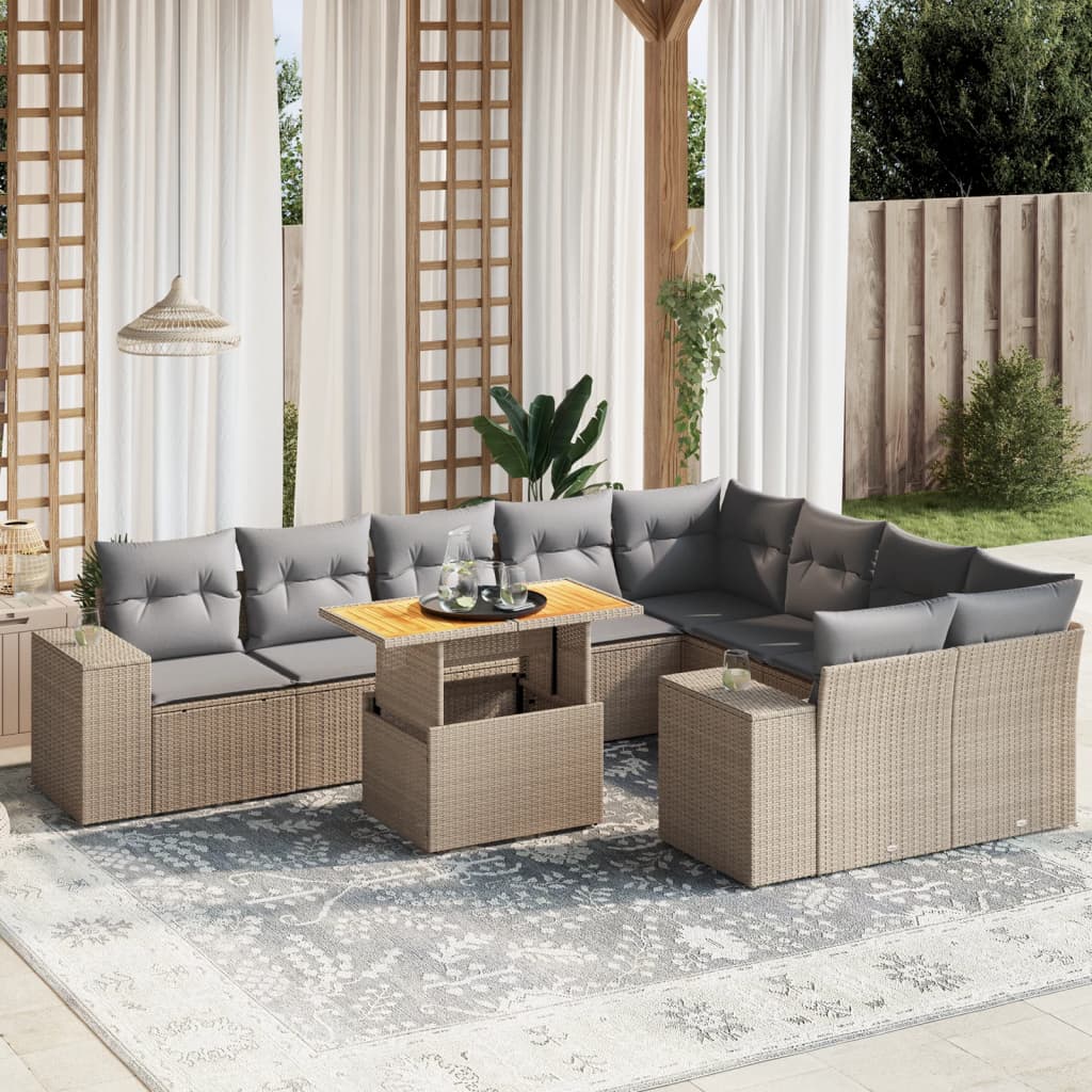 10-tlg. Garten-Sofagarnitur mit Kissen Beige Poly Rattan - kalb-Living.de