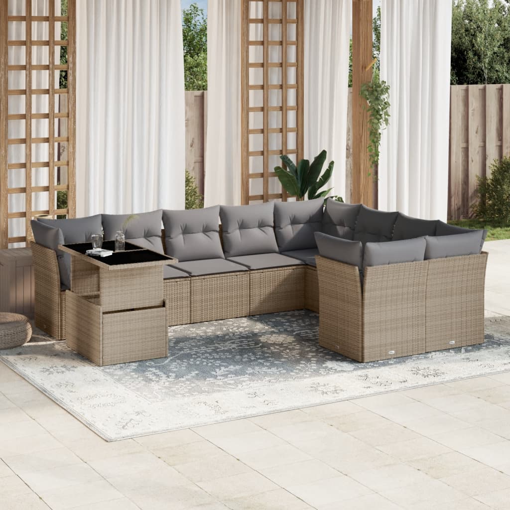 10-tlg. Garten-Sofagarnitur mit Kissen Beige Poly Rattan - kalb-Living.de