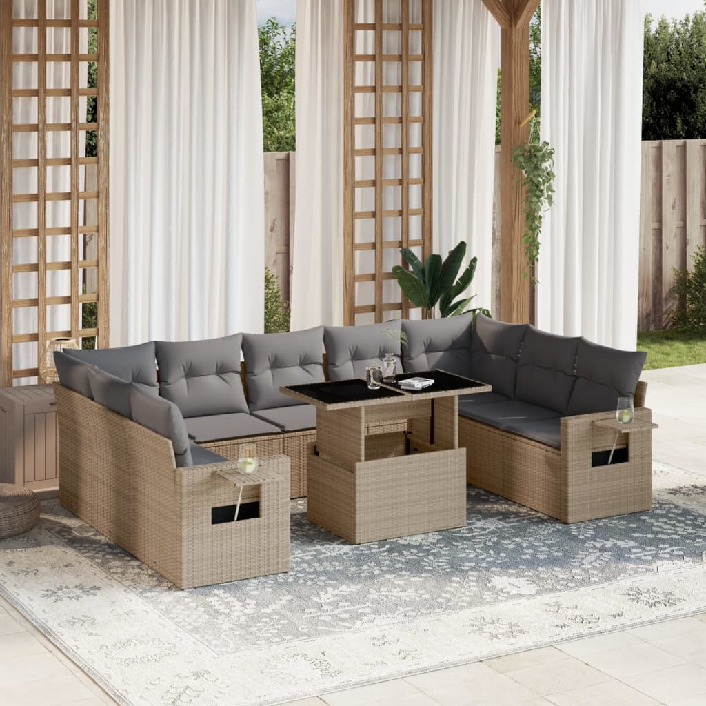 10-tlg. Garten-Sofagarnitur mit Kissen Beige Poly Rattan - kalb-Living.de