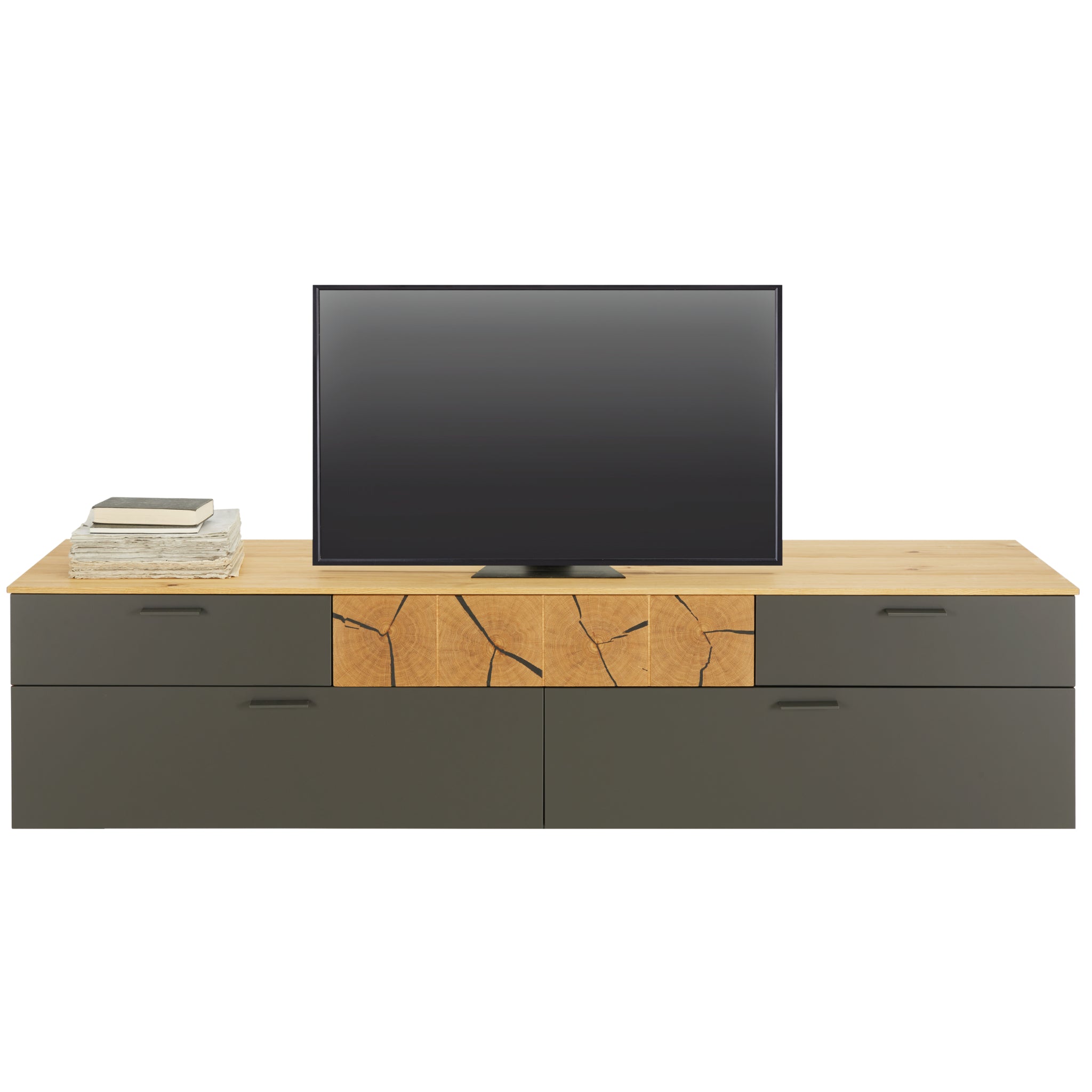 kalb TV Wohnwand Set mit Lowboard und beleuchtetem Wandregal in Eiche Graphit, Made in Germany