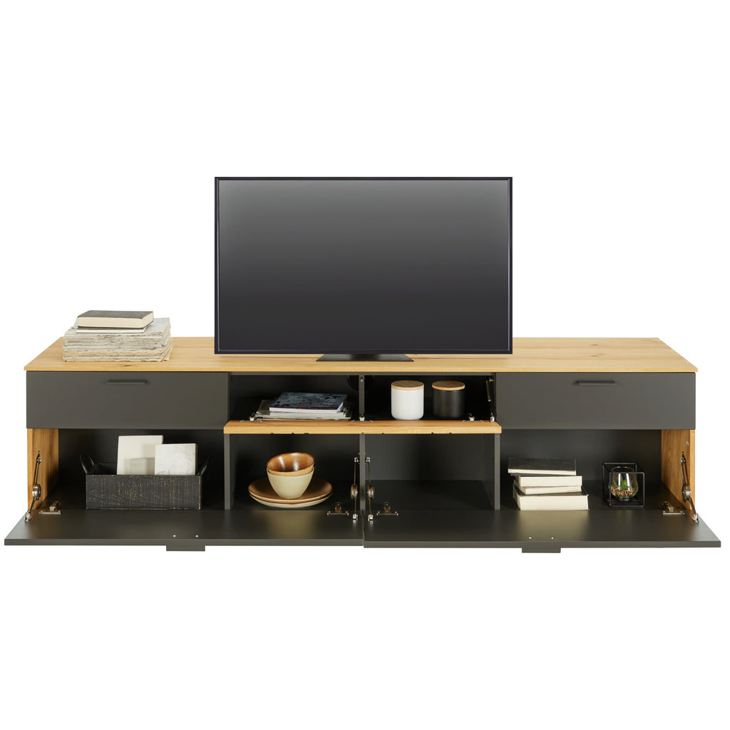 kalb TV Wohnwand Set mit Lowboard und beleuchtetem Wandregal in Eiche Graphit, Made in Germany