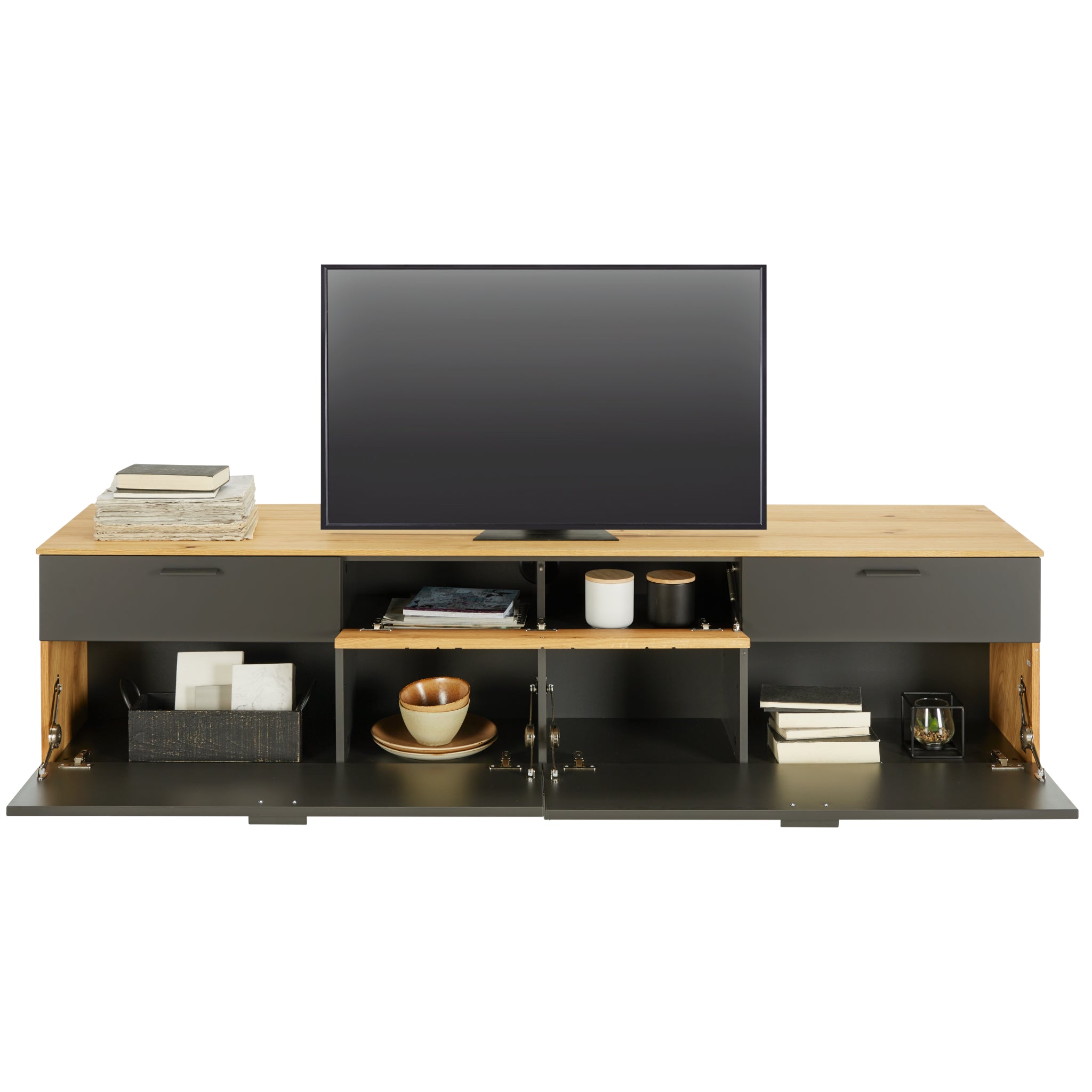 kalb TV Wohnwand Set mit Lowboard und beleuchtetem Wandregal in Eiche Graphit, Made in Germany