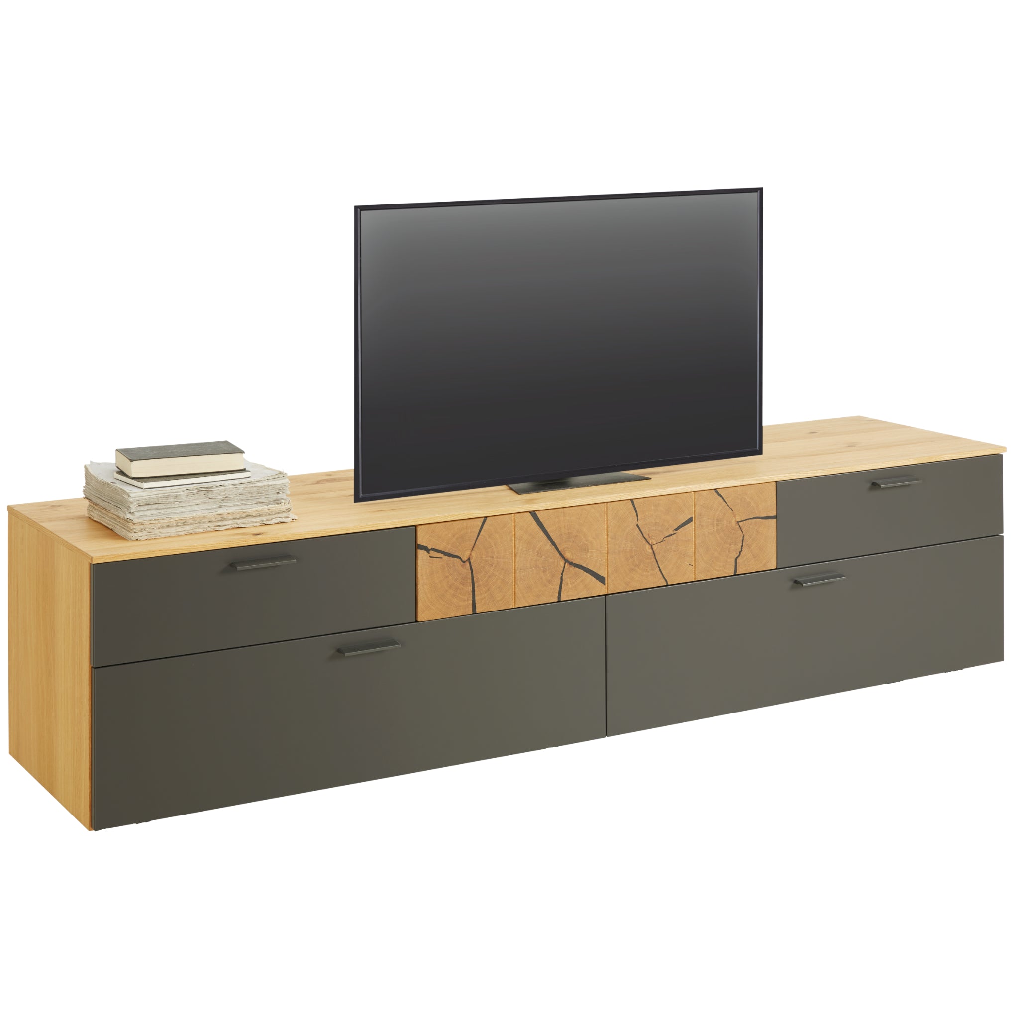 kalb TV Wohnwand Set mit Lowboard und beleuchtetem Wandregal in Eiche Graphit, Made in Germany