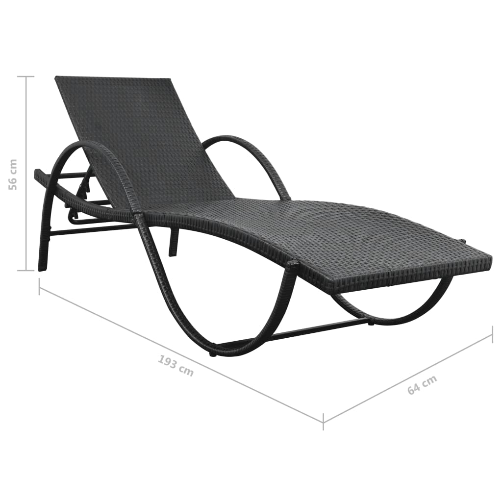 Sonnenliege mit Auflage Poly Rattan Schwarz