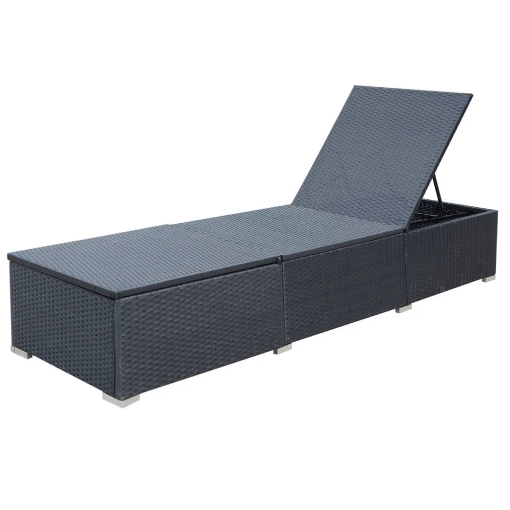 Sonnenliege mit Auflage Poly Rattan Schwarz