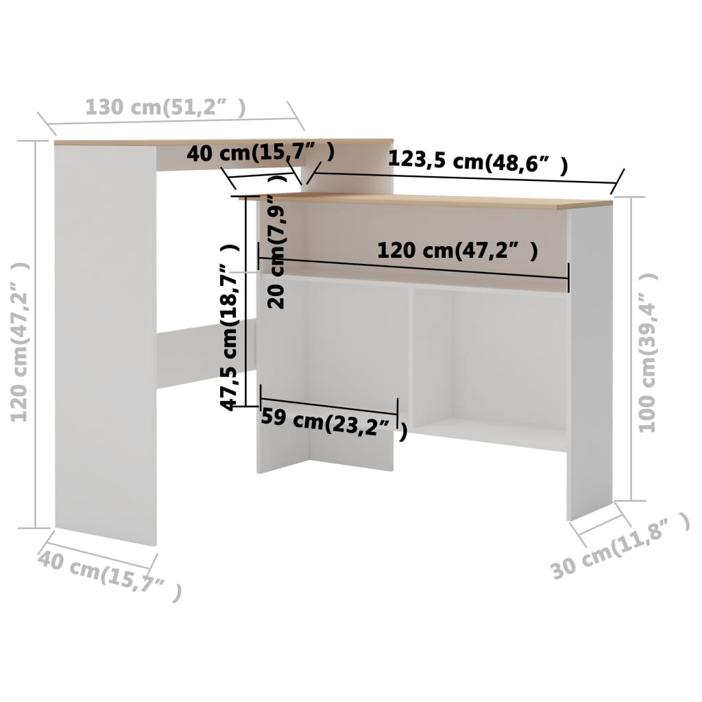 Bartisch mit 2 Tischplatten Weiß und Eichefarben 130x40x120 cm