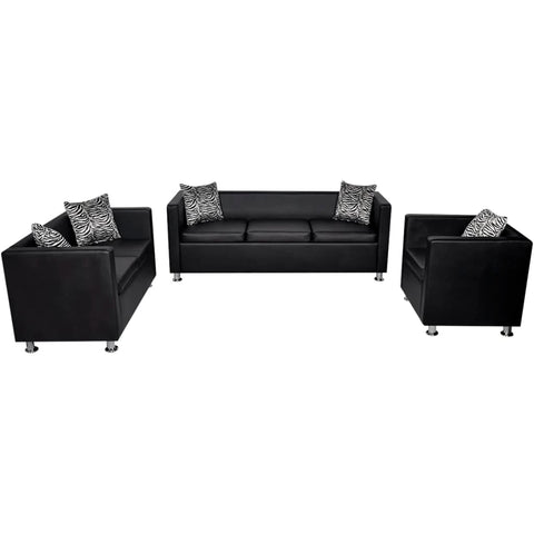 Sofa-Set Kunstleder 3-Sitzer + 2-Sitzer + Sessel Schwarz