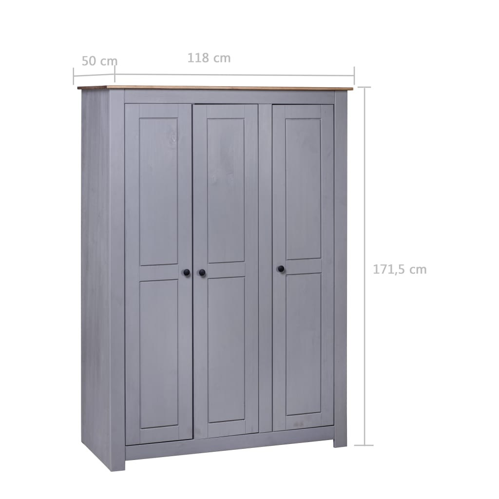 Kleiderschrank 3-Türig Grau 118×50×171,5 cm Kiefer Panama Serie