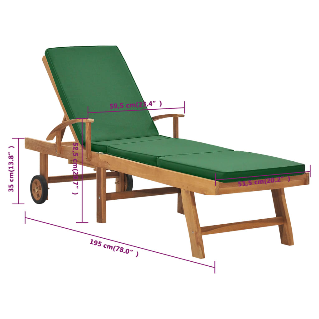 Sonnenliege mit Auflage Massivholz Teak Grün