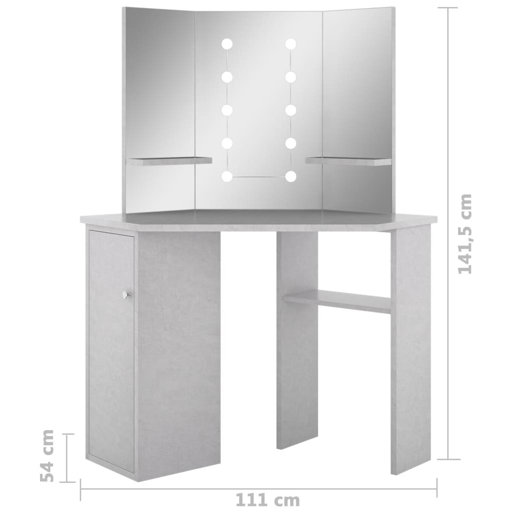 Eck-Schminktisch mit LED Betongrau 111x54x141,5 cm