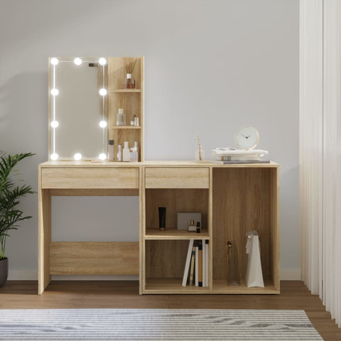 LED-Schminktisch mit Schrank Sonoma-Eiche Holzwerkstoff