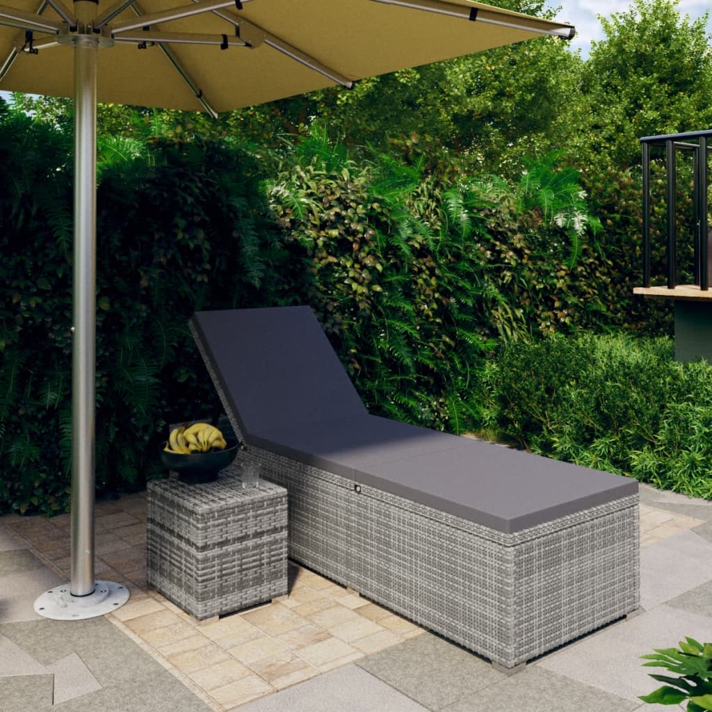 Sonnenliege mit Auflage und Teetisch Poly Rattan Grau